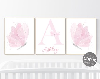 Láminas de mariposas para habitación infantil: acuarela rosa, decoración para habitación de niña (juego de 3)