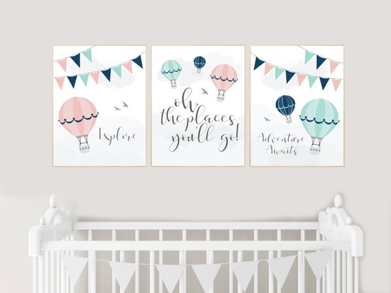 Blush, mint, navy, nursery wall art, hot air balloon nursery, set of 3, nursery decor, nursery print, travel theme nursery, hot air balloons