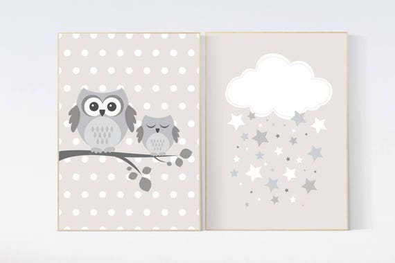 Owl nursery decor, gender neutral nursery, owl decor for nursery, beige and cream, cloud Nursery Decor Gray Beige gender neutral baby shower