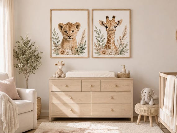 Safari Nursery Wall Art Set of 2, Baby Lion and Giraffe Prints
