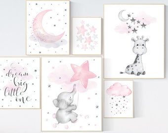 Pink Gray Nursery Art, Elephant, Giraffe, Moon, Stars Print
