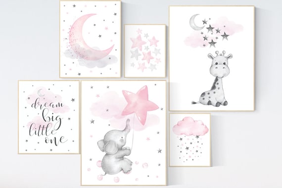 Nursery wall art girl, giraffe nursery, baby room decor girl pink gray, we love you to the moon and back, moon and stars, elephant