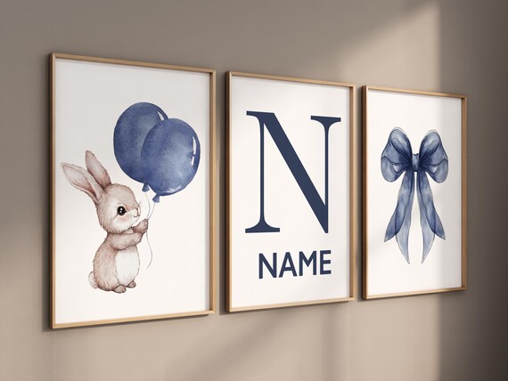 Navy nursery art, bunny balloon wall print, personalized baby name decor, custom navy bow set, blue baby room art, rabbit nursery poster