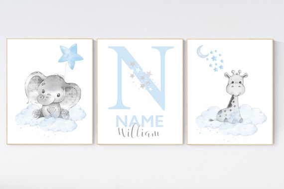 Nursery wall art animals, baby room decor blue, baby room decor, elephant, giraffe, animal nursery decor, nursery prints boy room decor
