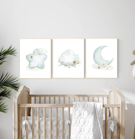 Mint Gold Nursery Decor: Stars, Moon & Cloud Wall Art