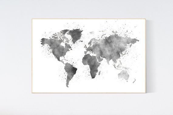 World Map nursery decor, nursery wall art, black and white nursery, gray nursery decor, neutral nursery, gender neutral, black nursery