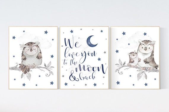 Nursery decor boy owls, navy nursery, nursery wall art boy, owl print nursery, owl print baby, we love you to the moon and back, navy blue