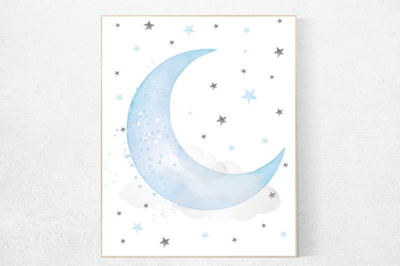 Cloud nursery, blue nursery decor, moon nursery, elephant nursery, nursery wall art, baby room decor, gift