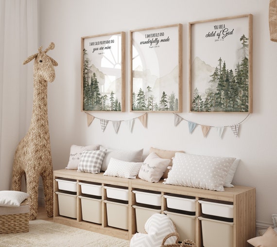 Mountain Nursery Art Print: Sage Green Forest, Bible Verse Decor
