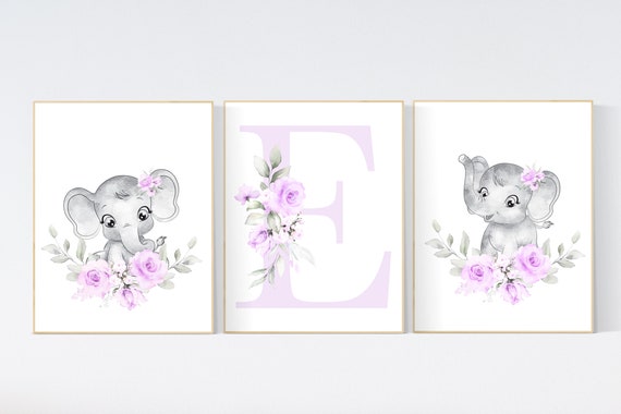 nursery wall art girl flowers, nursery wall art floral, flower nursery wall art, lilac nursery, elephant, purple, flower nursery wall decor