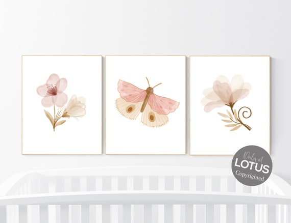 Boho nursery, blush pink nursery, girl nursery decor, Boho Butterfly Floral Set, Butterfly Nursery Wall Art, Neutral colors,  flower nursery