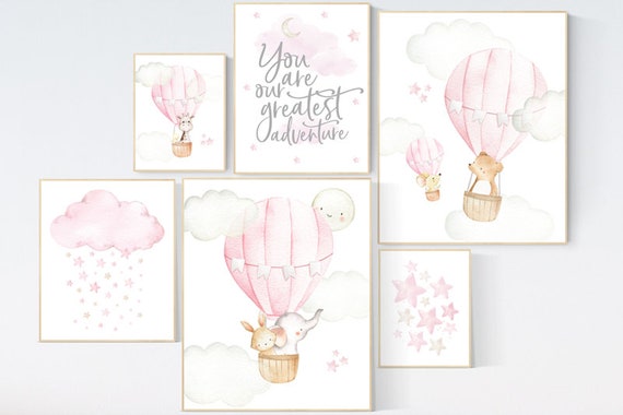 You are our greatest adventure hot air balloon, girl nursery wall art, Nursery decor girl, nursery decor woodland animals, elephant, giraffe