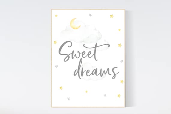Nursery wall art neutral, nursery wall art yellow, moon and stars, gender neutral, baby room decor, sweet dreams, yellow grey, gray