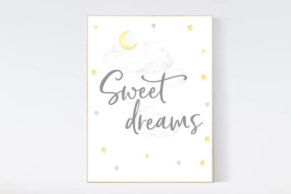 Nursery wall art neutral, nursery wall art yellow, moon and stars, gender neutral, baby room decor, sweet dreams, yellow grey, gray