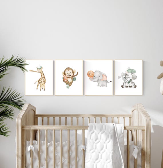 Sports nursery decor, Baby Animals Sport, Baby boy sports nursery, Safari nursery, baseball, football, golf, basketball, sports animals
