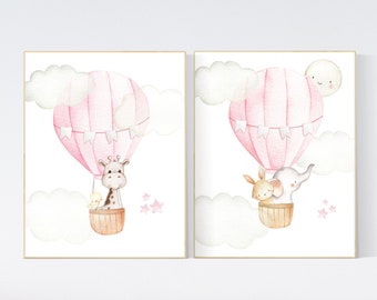 Pink Hot Air Balloon Nursery Print: Woodland Animals Decor