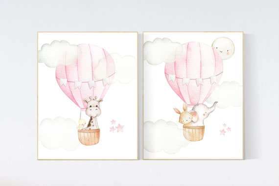 Nursery decor girl woodland, hot air balloon nursery, nursery decor woodland animal, hot air balloon nursery animal, pink nursery print