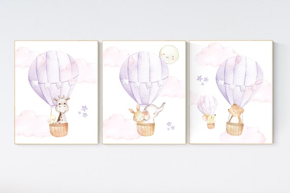 Nursery decor girl woodland, hot air balloon nursery purple, hot air balloon nursery animal, lilac nursery, elephant, giraffe, bear, bunny