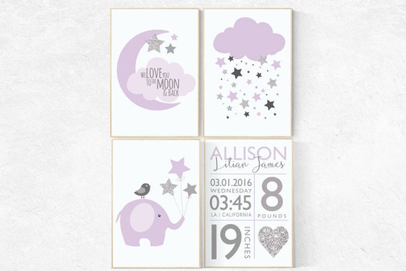 Baby girl nursery, purple gray nursery, baby birth stats, purple and silver baby shower, birth stats wall art elephant nursery cloud nursery