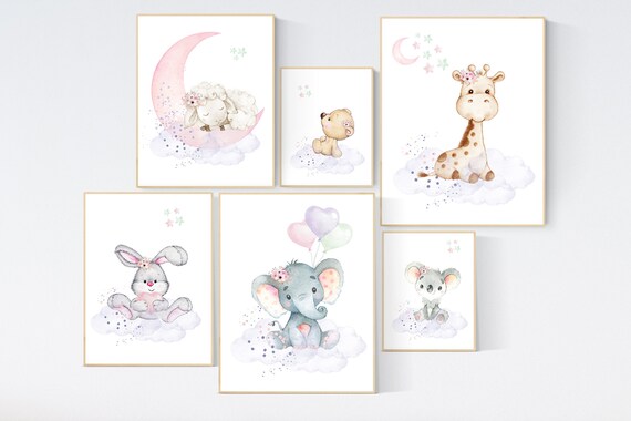 Nursery decor girl, animal prints, jungle animals, nursery prints animal,  girl nursery wall decor, elephant, giraffe, bear, bunny, koala