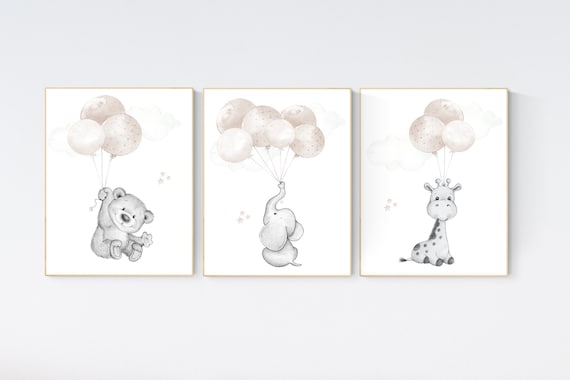 Nursery wall art animals, gray nursery, gender neutral nursery, neutral nursery, baby room decor, bear, elephant, giraffe, animal prints