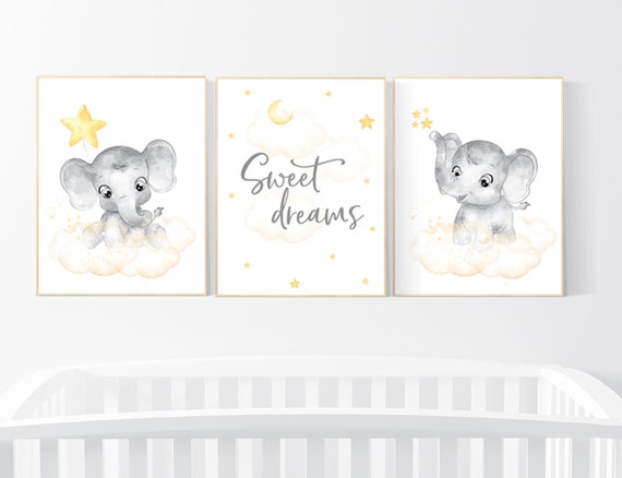 Nursery decor girl yellow, gender neutral, yellow nursery, nursery wall art elephant, moon, stars, yellow and gray nursery art, sweet dreams