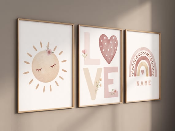 Personalized Name Nursery Wall Art – Sun, LOVE, and Rainbow Prints in Blush Pink – Custom Boho Baby Girl Room Decor Set of 3