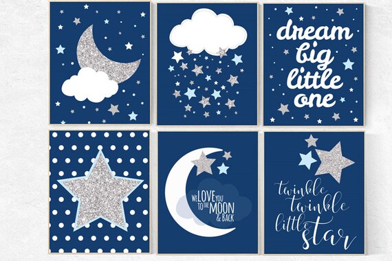Baby blue boy nursery decor, navy silver nursery, navy silver nursery set, dream big little one, we love you to the moon and back, navy blue