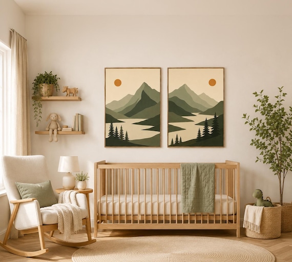 Mountain Nursery Wall Art Set of 2, Green Landscape Prints, Woodland Nursery Decor