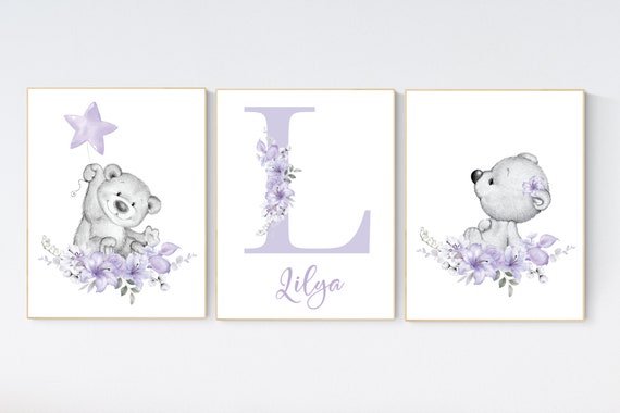 Bear nursery, lilac nursery, nursery decor girl flowers, purple nursery, nursery decor girl boho, floral nursery prints, lilac print