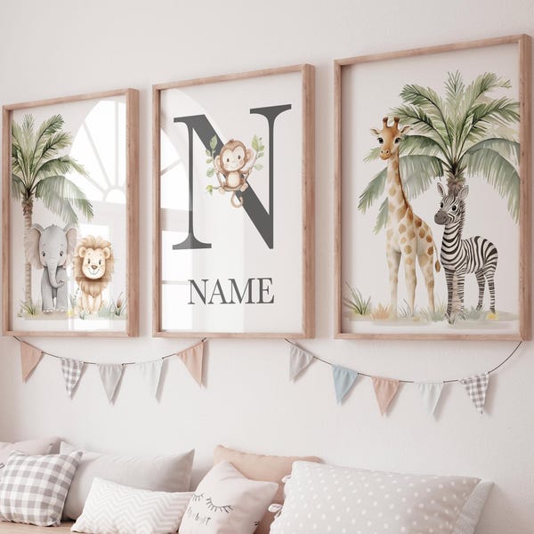 Conjunto de arte infantil Safari: animales de la selva en acuarela, lámina personalizada.