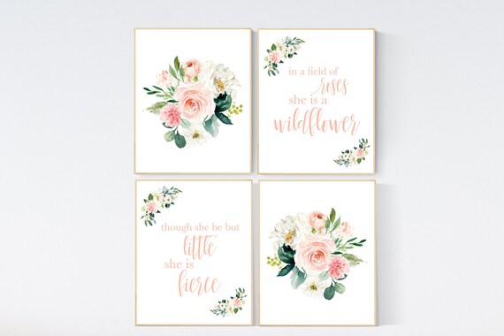 In a field of roses she is a wildflower, Nursery decor girl blush, nursery decor girl floral, peach nursery decor, flower nursery