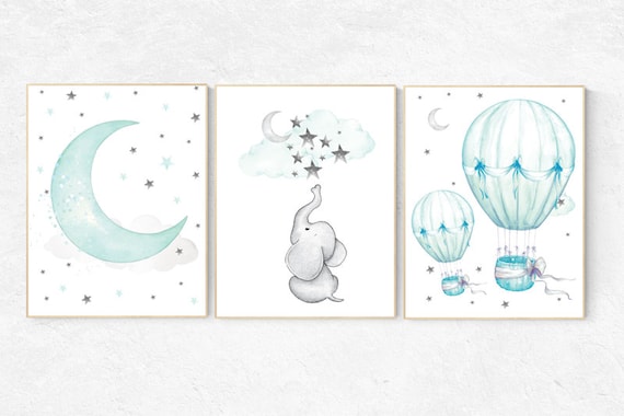 Nursery decor elephant, Mint nursery decor, hot air balloon, gender neutral nursery, nursery decor turquoise, mint green nursery wall art