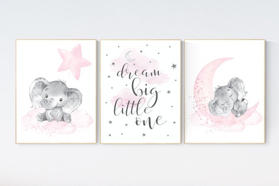 Nursery decor elephant, nursery decor girl elephant, moon and stars, baby room decor girl, nursery prints girl, dream big little one
