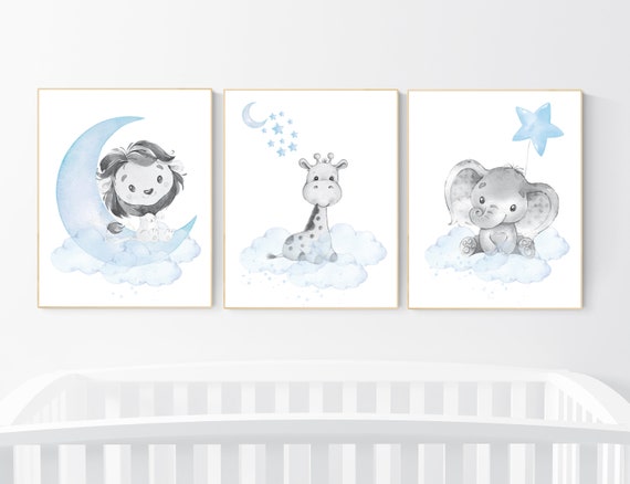 Nursery wall art animals, baby room decor blue, baby room decor, lion, elephant, giraffe, animal nursery decor, nursery prints boy room
