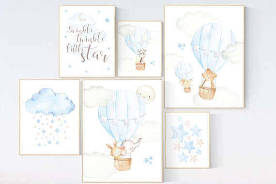 Hot air balloon nursery, nursery wall art boy, twinkle twinkle little star, moon and stars, Nursery decor boy neutral, travel nursery art