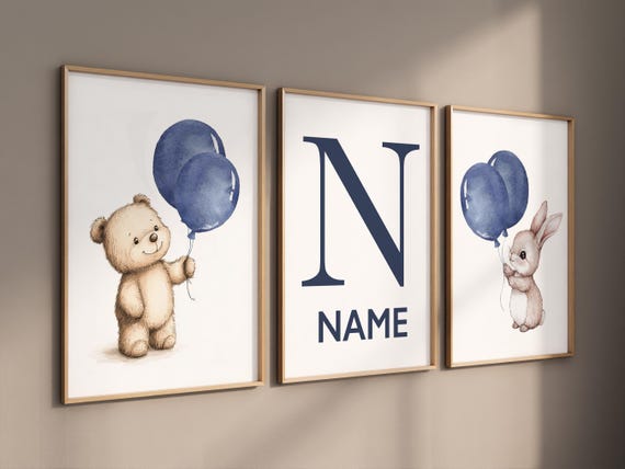 Navy balloon nursery art, bear and bunny print, personalized baby name poster, blue animal wall decor, gender-neutral nursery artwork