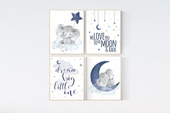 Nursery decor boy, elephant nursery, navy nursery decor, we love you to the moon and back, moon and stars, navy blue nursery art