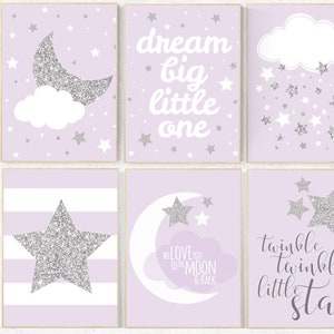 Nursery decor girl purple silver, lavender nursery art, lilac nursery decor, girls room decor purple, twinkle twinkle. dream big little star