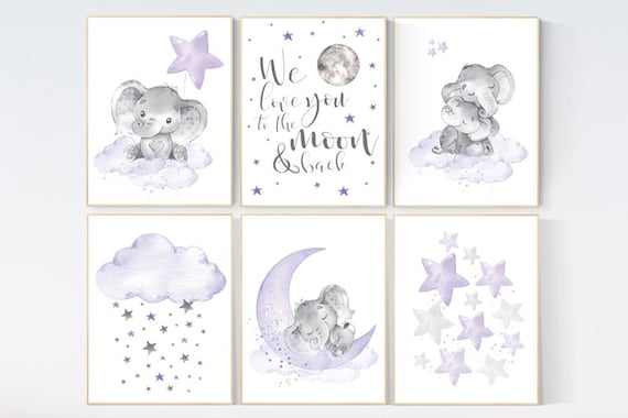 Nursery decor girl lavender, purple nursery wall art, elephant nursery decor, nursery prints animals, nursery prints set, moon and stars