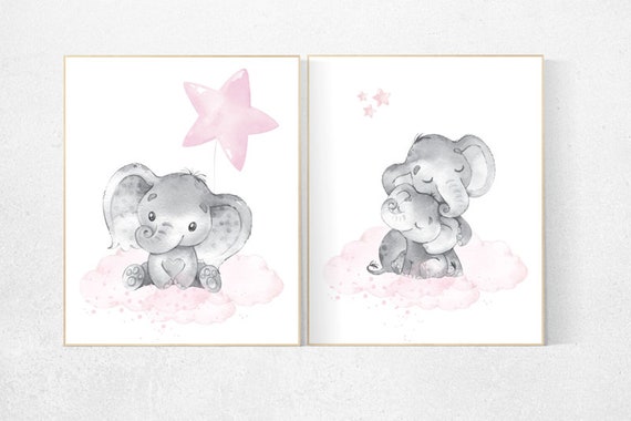 Nursery decor girl elephant, girl room wall art, pink and gray, moon and stars nursery, nursery wall art elephant, nursery prints girl