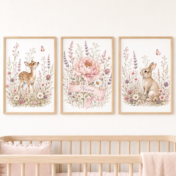 Personalized Woodland Nursery Wall Art Set of 3, Floral Deer and Bunny Prints