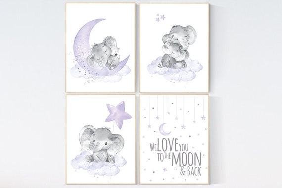 Nursery decor girl, purple nursery, nursery wall art elephant, baby room wall art, girl nursery prints, moon and stars, girl nursery art