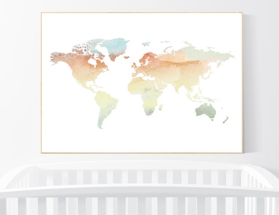 Watercolor World Map, nursery decor world map, neutral colors, gender neutral, Nursery Print, travel themed nursery, natural colors, earth