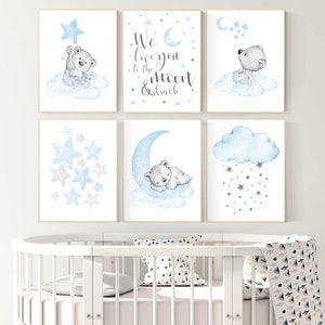 Nursery wall art bear, boys nursery prints. nursery decor boy ideas, nursery art ideas, baby blue, grey, nursery wall art, sky, moon, stars