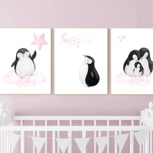 May include: Three watercolor illustrations of penguins on a pink cloud background. The first penguin is holding a pink star. The second penguin is looking up at a pink crescent moon. The third penguin is huddled with two other penguins.