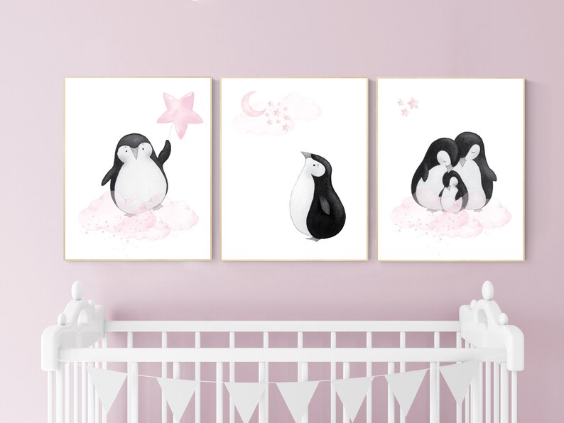 May include: Three watercolor illustrations of penguins on a pink cloud background. The first penguin is holding a pink star. The second penguin is looking up at a pink crescent moon. The third penguin is huddled with two other penguins.