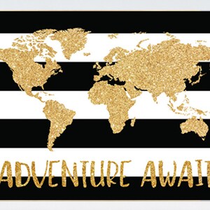 Black white gold decor, World Map, Adventure awaits, gold nursery decor, gold nursery, Nursery Prints, gold glitter, black and white nursery