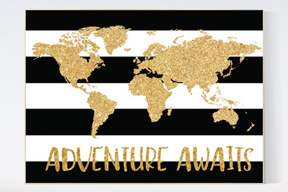 Black white gold decor, World Map, Adventure awaits, gold nursery decor, gold nursery, Nursery Prints, gold glitter, black and white nursery