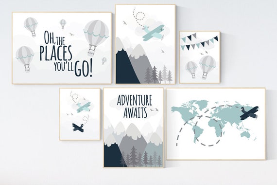 Nursery decor boy mountains adventure, mountain nursery art, adventure awaits. mountain, hot air balloon, planes, world map, gender neutral